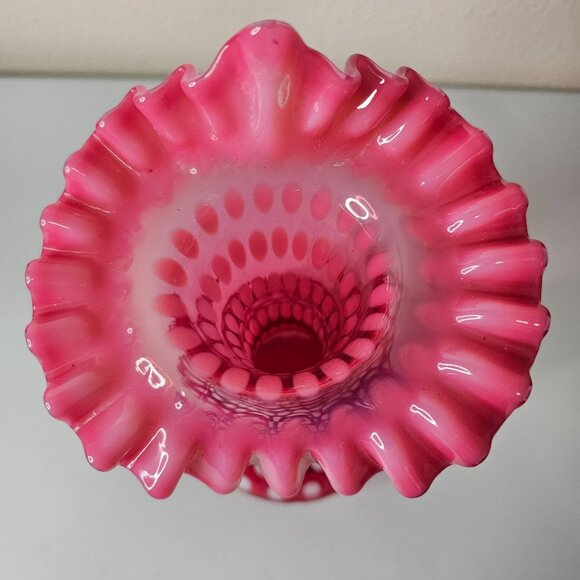 Fenton Glass Jack In The Pulpit Tulip Vase Cranberry White Polka Dot Ruffle 9" - Picture 4 of 8